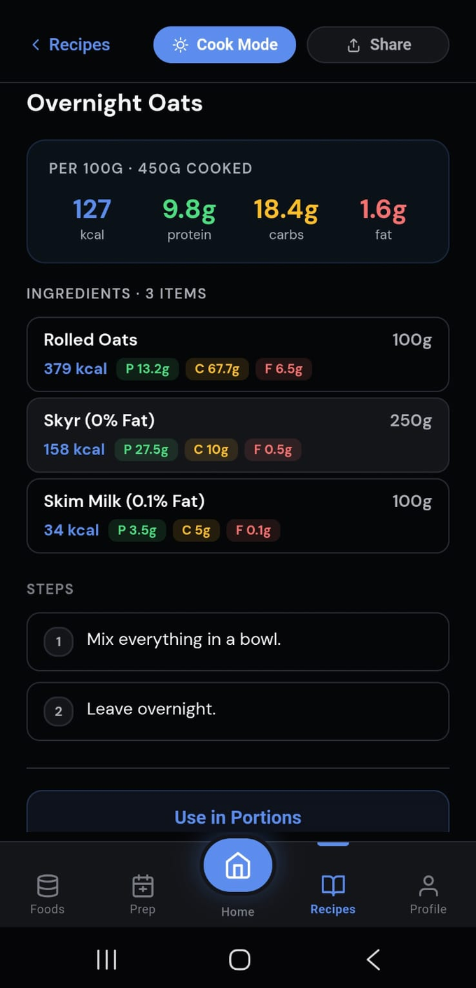 PREP recipe screen